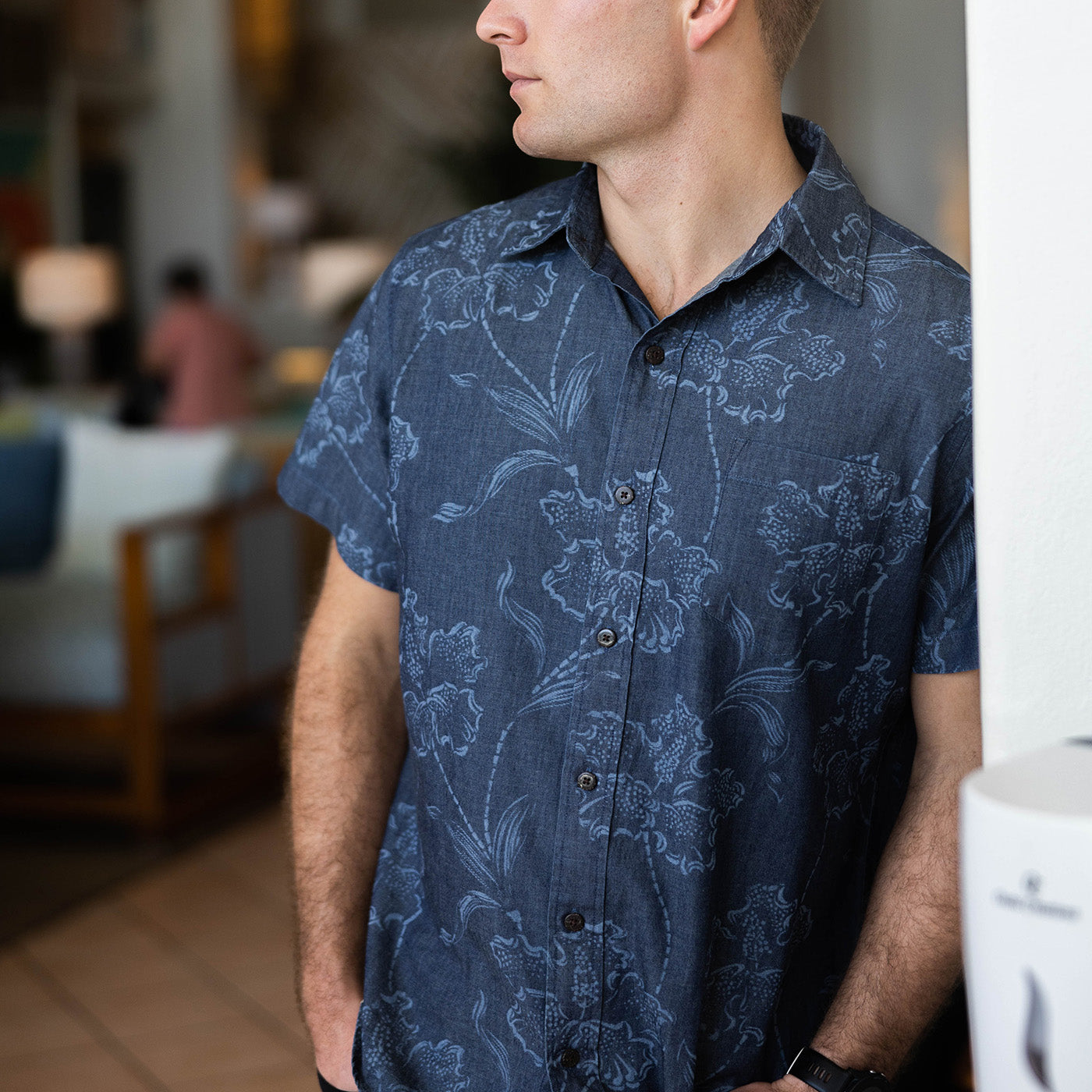 Men's Indigo Denim Aloha Shirt Western Floral