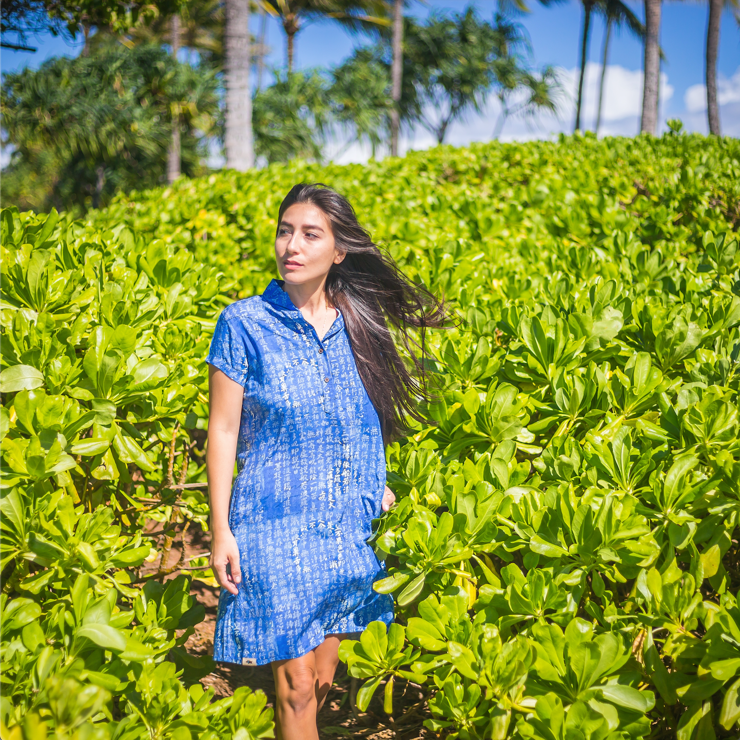 Placket Dress Heart Sutra with Sea Turtle